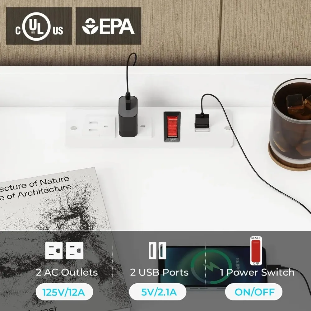 Large Nightstand with Charging Station and LED Lights, White Night Stand with 3 Drawers and 1 Pull-Out Tray Modern Bedside Table