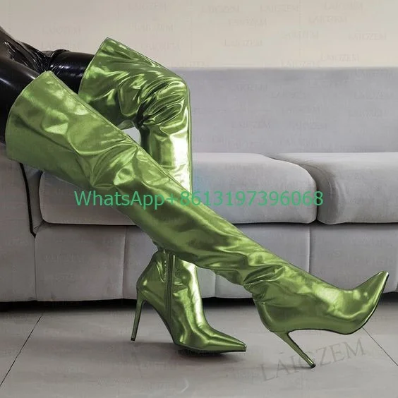 

Lady green color PU over the knee boots pointed toe stiletto heel dress side zip boots new arrive glitter color boots size 35-46