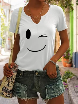 Women's V-Neck Wink Smile Graphic Tee, Minimalist Emoji Print T-Shirt, Casual Short Sleeve Daily Fashion Top 1
