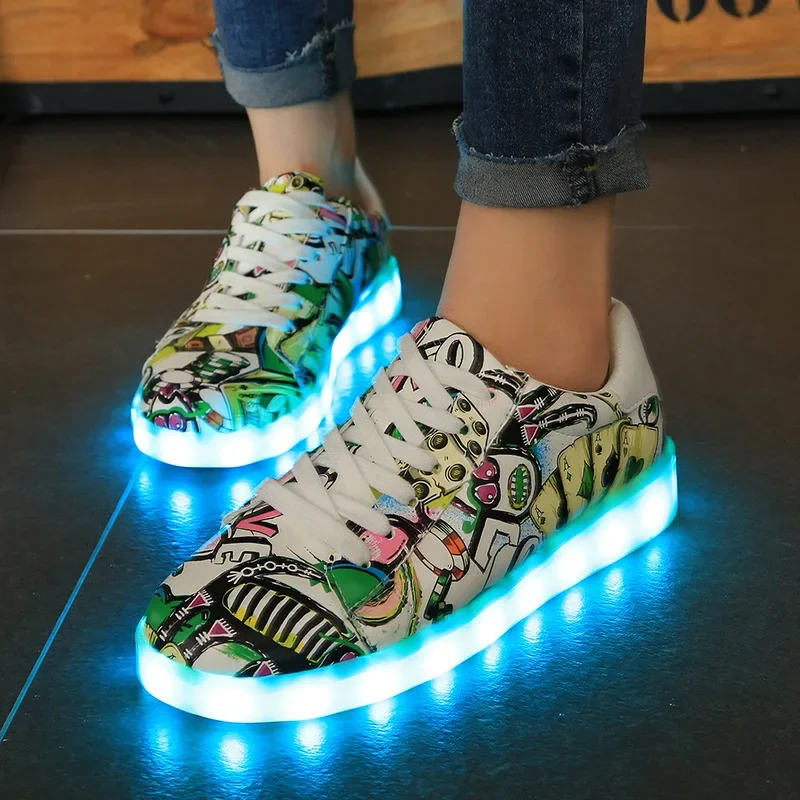 Comemore 2023 Adult Unisex Womens Mens Kid Luminous Sneakers Glowing USB Charge Boys LED Colorful Light-up Shoes Girls Footwear