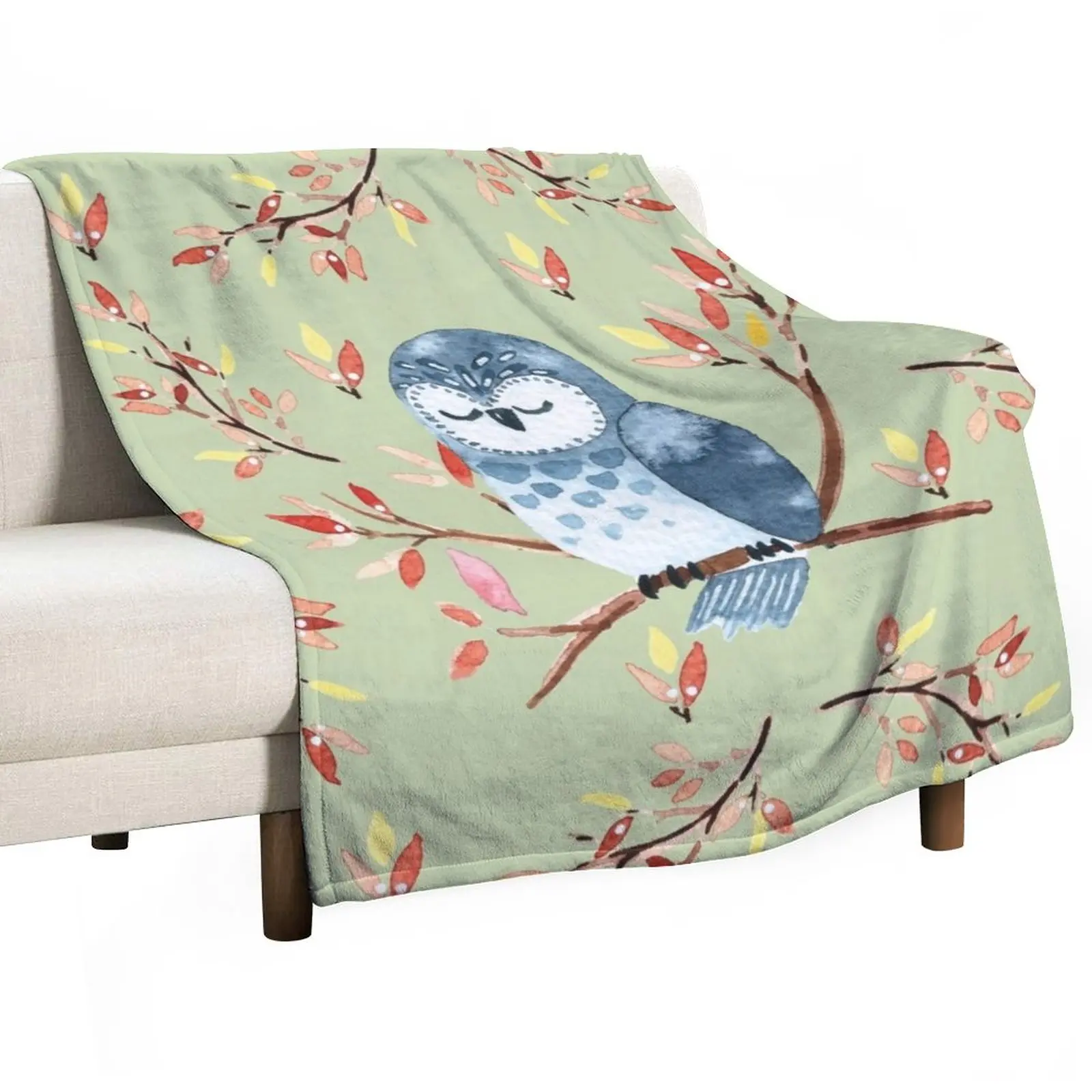 

Cute watercolor owl and autumn leaves, green background Throw Blanket Picnic Blanket Decorative Blankets Blanket Sofa