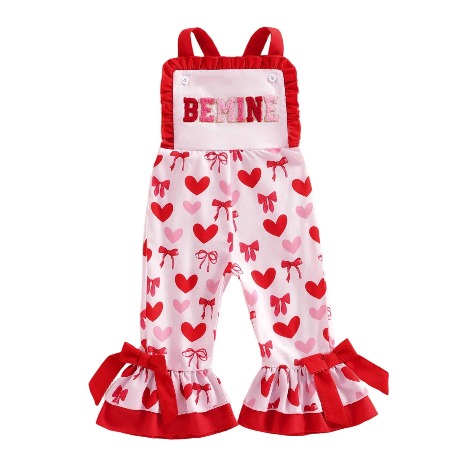 Sweetheart Toddler Girl Valentine s Day Heart Print Sleeveless Overalls with Bow Detail and Flare Pants for Summer and Spring