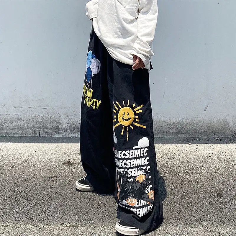 Hip Hop Women Graffiti Y2k Oversized Jeans Spring Autumn Pants Streetwear Fashion Vintage High Waist Wide Leg Casual Trousers men s and women s jeans high street national tide hip hop music smiley hole hand painted graffiti print denim trousers