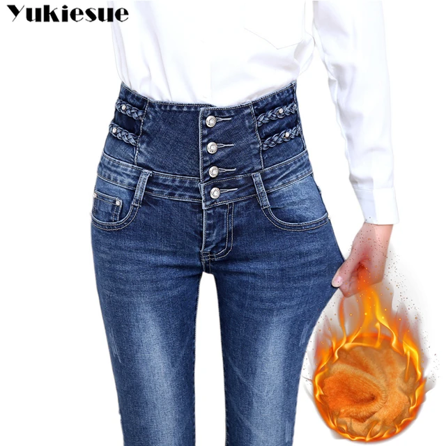 Calça Jeans Skinny de Cintura Alta Feminina, Calça Lápis, Stretch, Slim,  Jeans, Quente - AliExpress