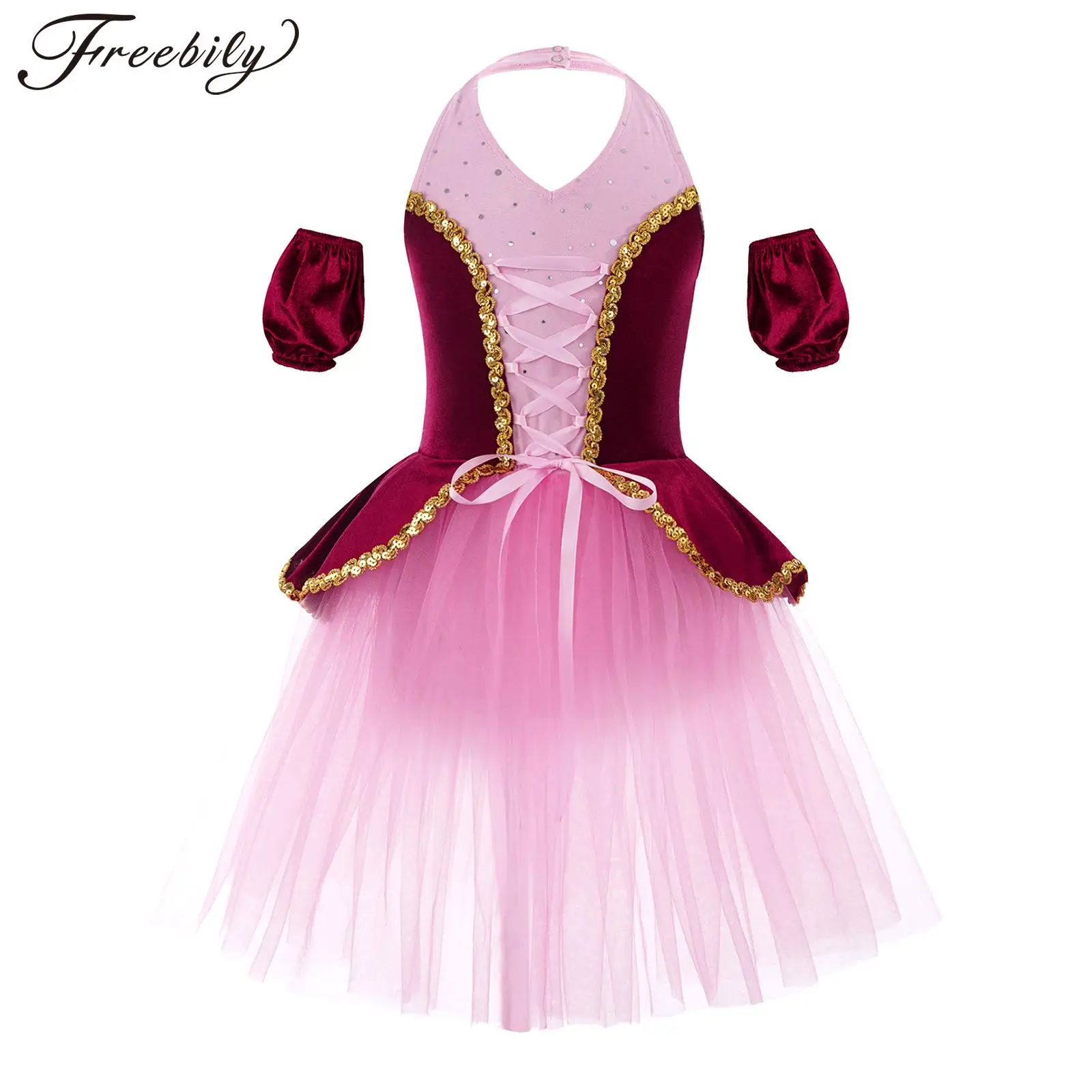

Kids Girls Sleeveless Ballet Leotard Dress with Cuffs V Neck Backless Sequin Sheer Mesh Princess Tutu Jazz Waltz Dance Dresses