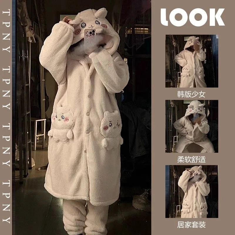 MINISO Adult Chiikawa Cosplay Costume Robes Kigurumi Jiyikawa Onesie Anime Nightgown Halloween Cartoon Pajamas