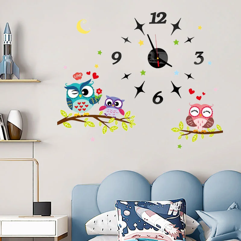2022 Children'S Room 3D Diy Wall Clock Modern Home Decoration Owl Art Sticker Decal Acrylic Quartz Watch Living Wall Clocks