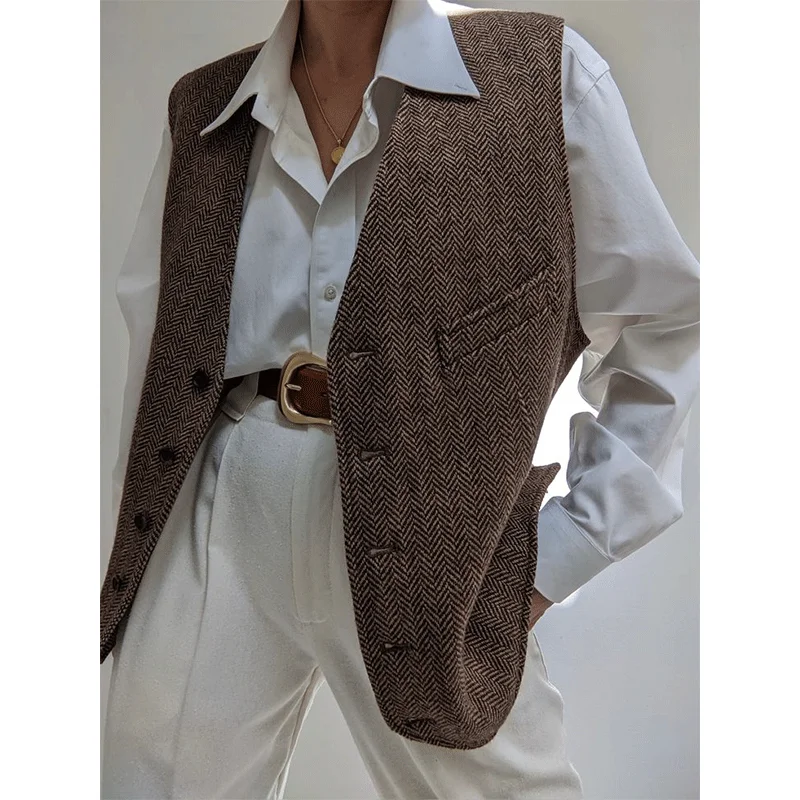 Women's Vest Herringbone Tweed Collarless Sleeveless Single-breasted Waistcoat Casual Slim High Street Fashion Lady Clothing