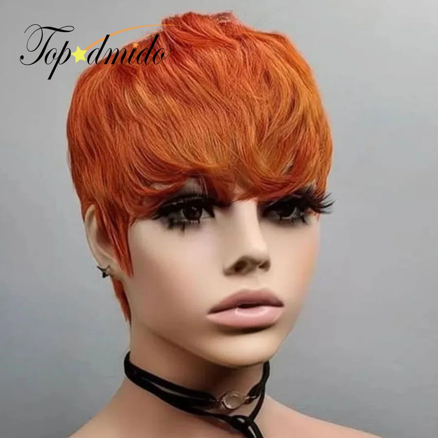 Topodmido Ginger Color Short Peruvian Hair Wig with Bangs Orange Color 13x4x4 Lace Front Wig Short Human Hair 4x4 Closure Wigs