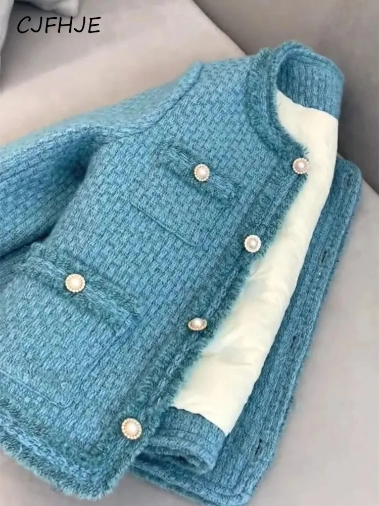 CJFHJE New Retro Blue Cotton Clip Women's Coat Winter French Fashion Classic Round Neck Single Breasted Women High Quality Coats