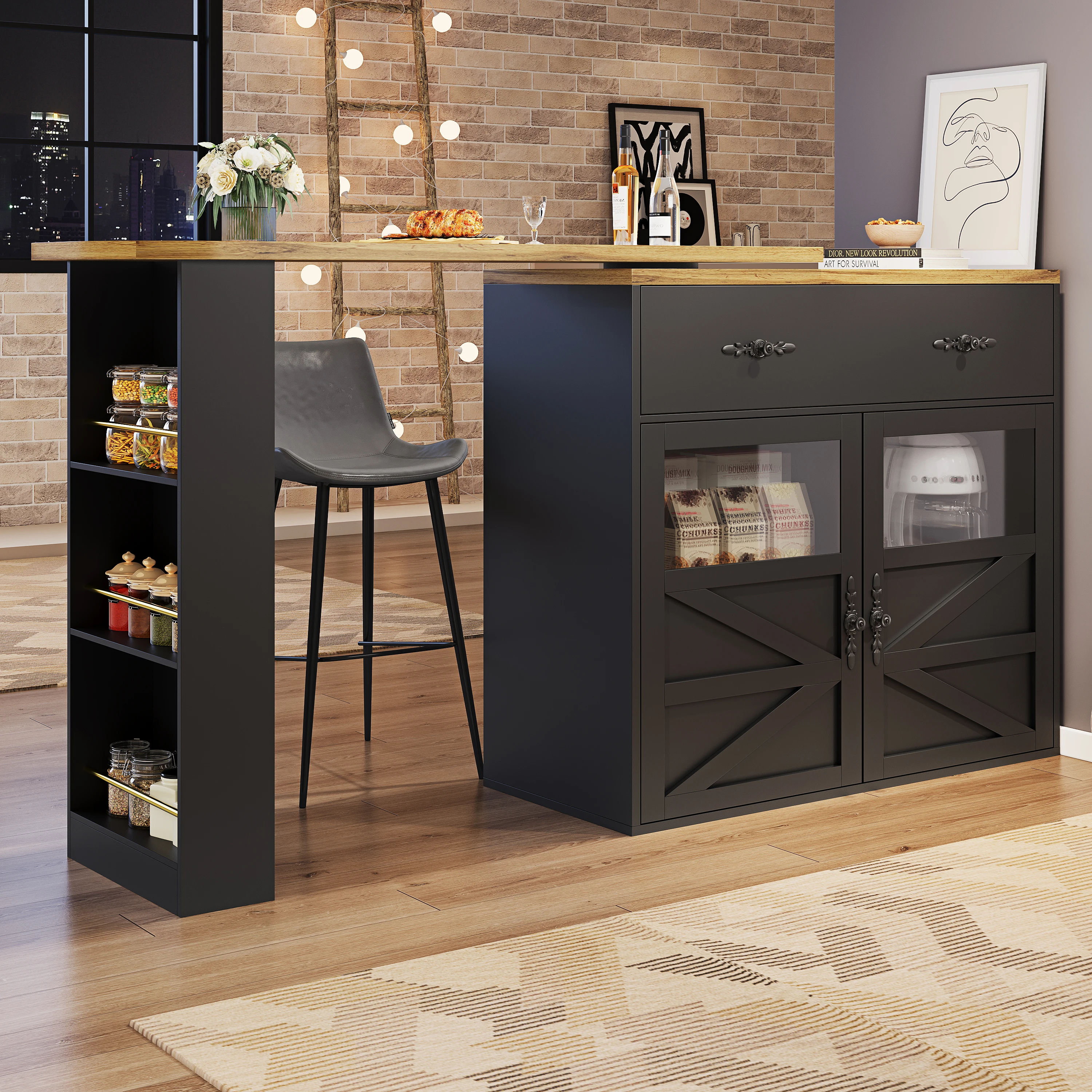 PINGGO-Ausziehbarer Bartisch mit Stauraum, 360 ° Drehbarer Esstisch, Mobiler Bartisch, Hochbeiniger Kücheninsel-Tisch – Detail 3