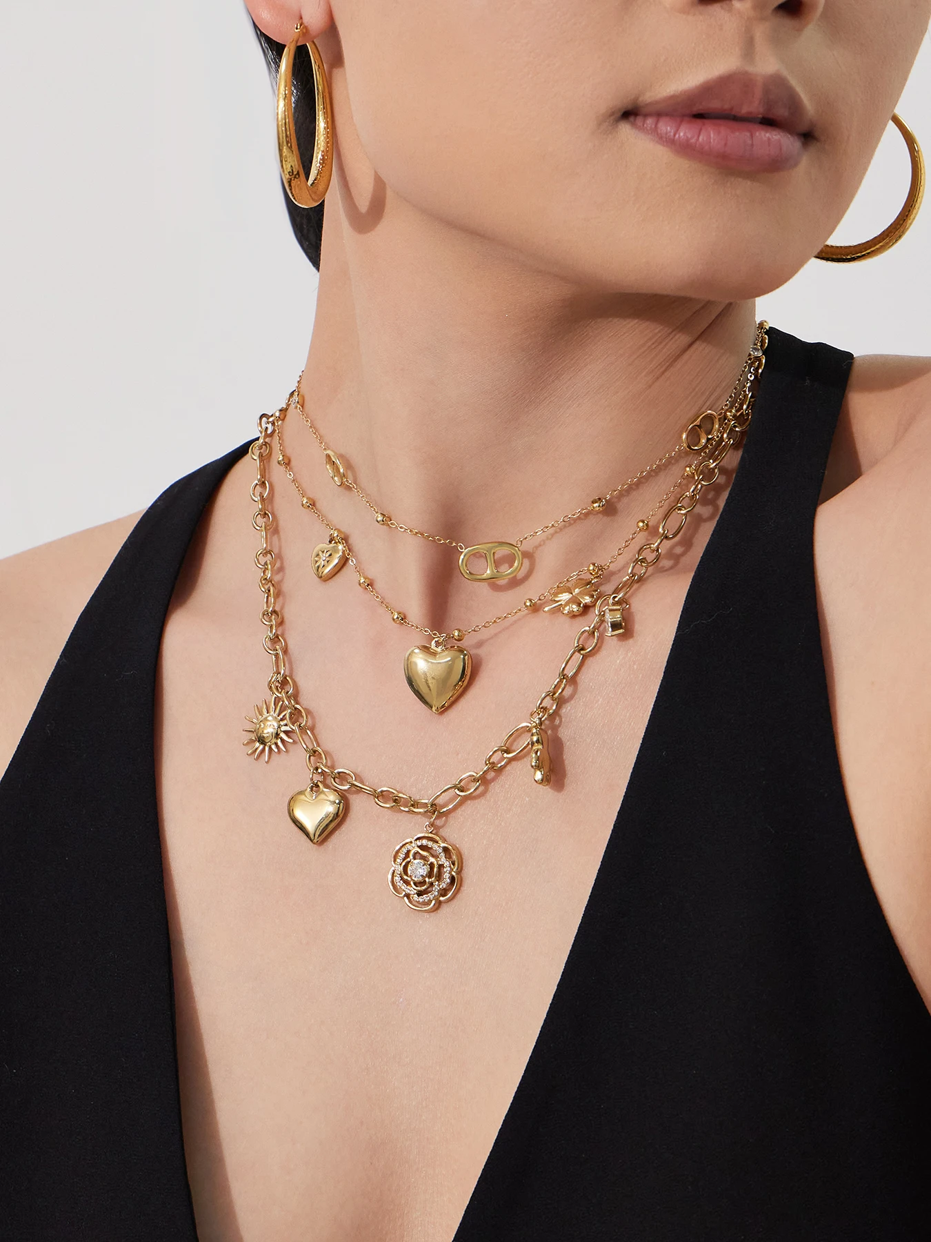 Trendige Blumen-Herz-Halskette mit Zirkonia-Anhänger für Damen, Doppelgliederkette aus Edelstahl, modischer Schmuck, Geschenkidee – Detail 2
