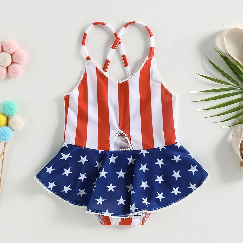 

EWODOS Toddler Baby Kid Girls Summer Swimsuit Sleeveless V Neck Cutout Beach Pool Bodysuit Swimwear Suit for Independence Day