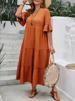 2024 Spring and Summer New Large V-neck Splicing Multi color Multi plus size Long Style Large Swing Dress - Image 6