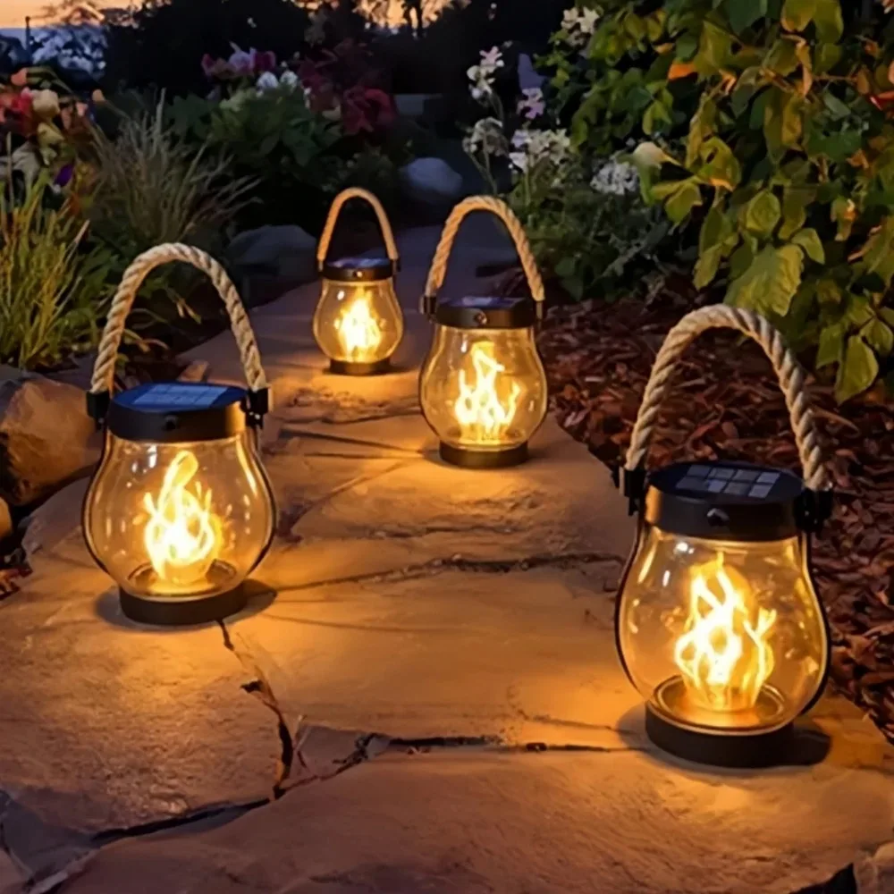 Farol Solar Exterior LED Efecto Llama Lámpara Colgante Impermeable con Cuerda Rústica Iluminación Decoración Jardín Terraza