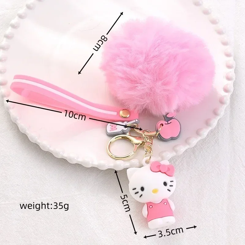 Hello Kitty Sanrio Kuromi Penguin Frog Dog Cat Cute Keychains with Fluffy Rabbit Fur Ball Women Girl Bag Pendant Keyring Gifts 3
