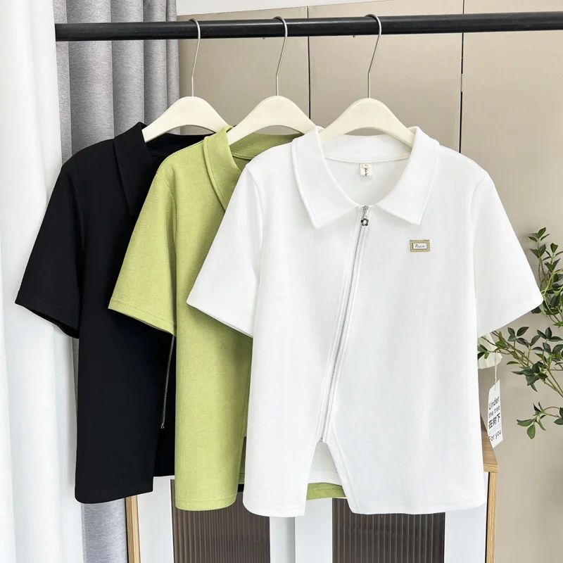 2025 Plus Size Women's Top Summer New 100kg Small Fresh Diagonal Zipper Label POLO Collar Short Sleeve T-Shirt 801