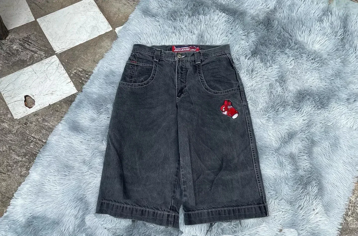 하라주쿠 힙합 JNCO 반바지, Y2K 복싱 장갑, 그래픽 자수 데님, 체육관 헐렁한 청바지, 남성용 농구 반바지, 스트리트웨어