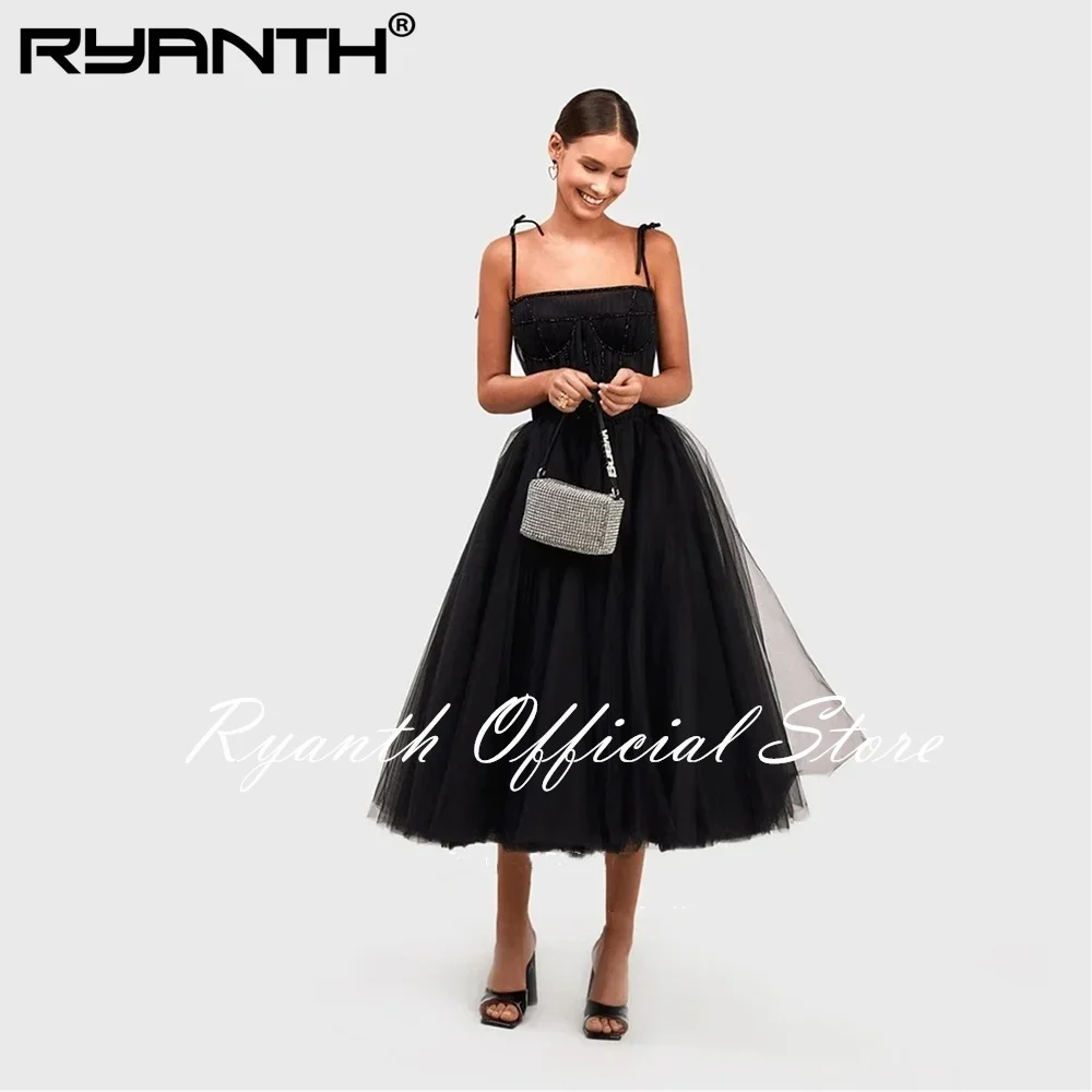 

Ryanth Black Evening Prom Dress Short Tulle Spaghetti Straps A Line Pleat Graduation Dresses Eegant Party Dresses For Women 2024