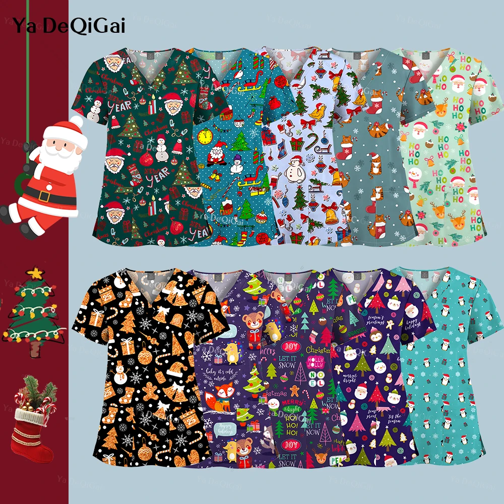 Christmas Prints Blouse Nurse Scrubs Women Short Sleeve Surgical Uniforms  Nurse Medical Uniform High Quality Women's Medical Top - AliExpress, image size:1000x1000