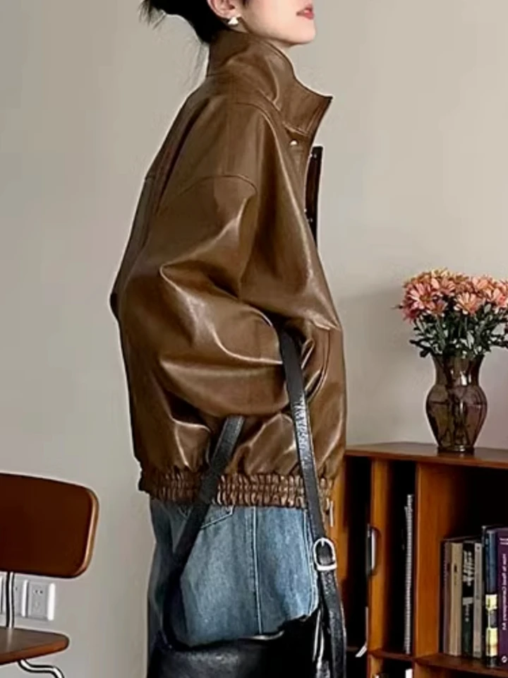 Veste En Cuir Marron Femme - Style Café Racer Moto Vintage - Taille L - Neuf Avec étiquettes
