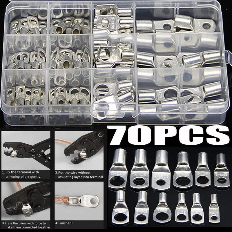 

70PCS Ring Terminal Cable Shoes Lugs Tinned Copper Lug Wire eye Connectors Bare Terminals Lugs Wire Copper Kit