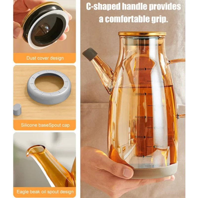 1000ML Olive Oil Dispenser Bottle with Rubber Base-Glass Oil & Vinegar Cruet with No-drip Pourers, Easy Refill and Cleaning