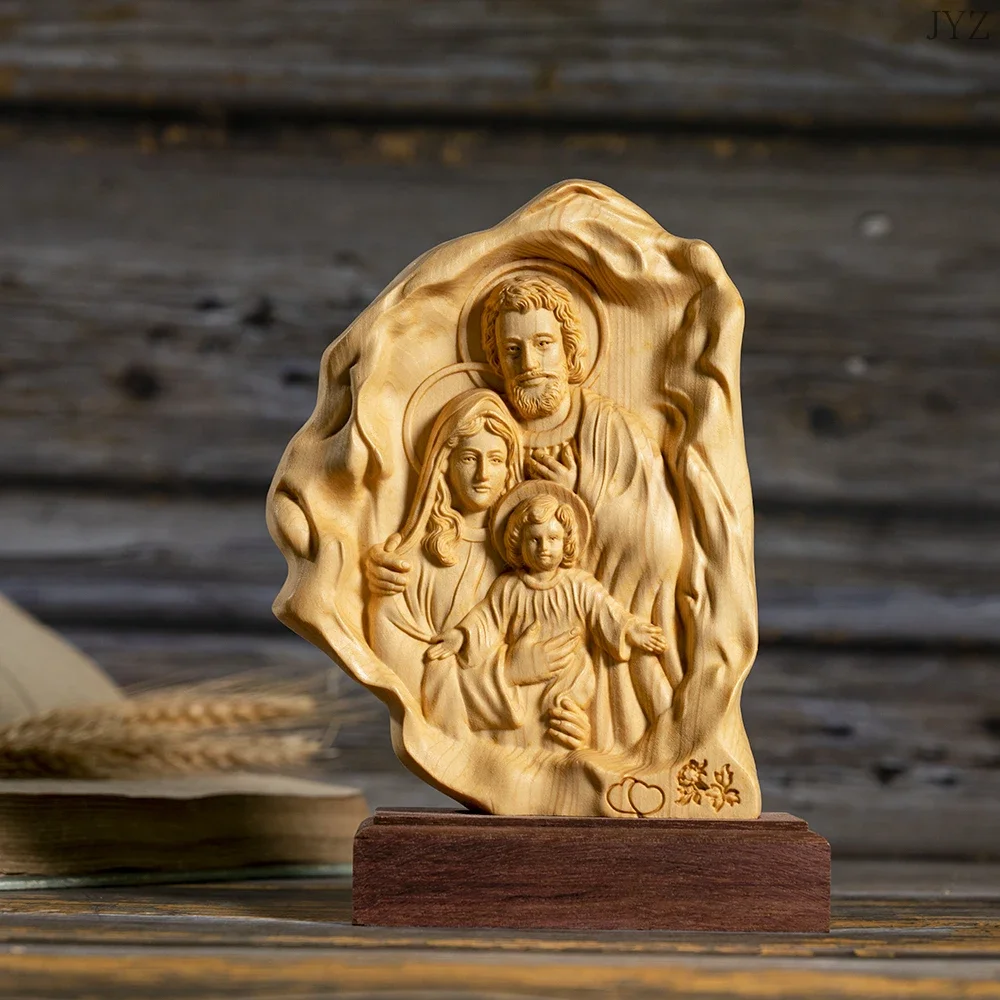 Religions Wooden Carving Holy Family Statue of Jesus and Mary Home Decor