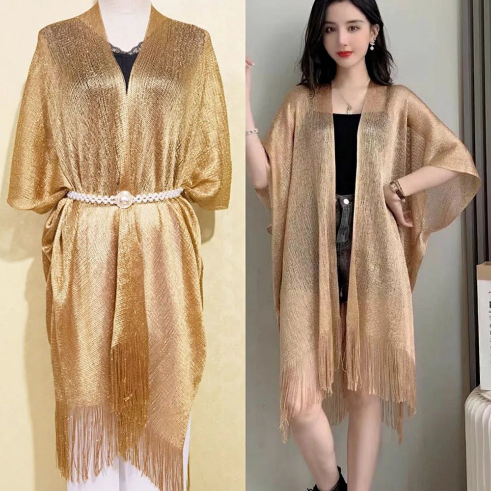 

Fashion Women Tassel Mesh Sheer Shiny Knitted Tunic Beach Cover Up Cover-ups Beach Party Dress Beach Wear Beachwear Female Shawl