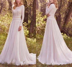 Charming Lace Wedding Dress Jewel Neck A Line Bridal Gowns Long Sleeves Tulle Sweep Train Garden Robe De Mariée Vestido De Noiva