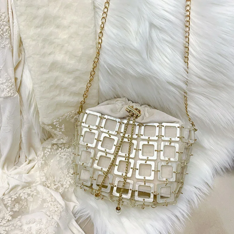 New Drawstring bead Ball Bag Beaded Handheld Dinner Bag High Quality Women's Hollow Out Bag Fashion Versatile Handheld