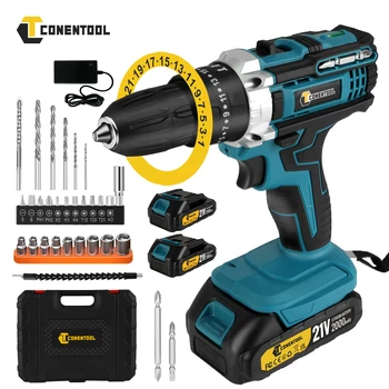Conentool 25+3 Torque Impact Drill Electric Screwdriver Cordless Electric Hammer Drill Driver Lithium-Ion 2 Battery Power Tools