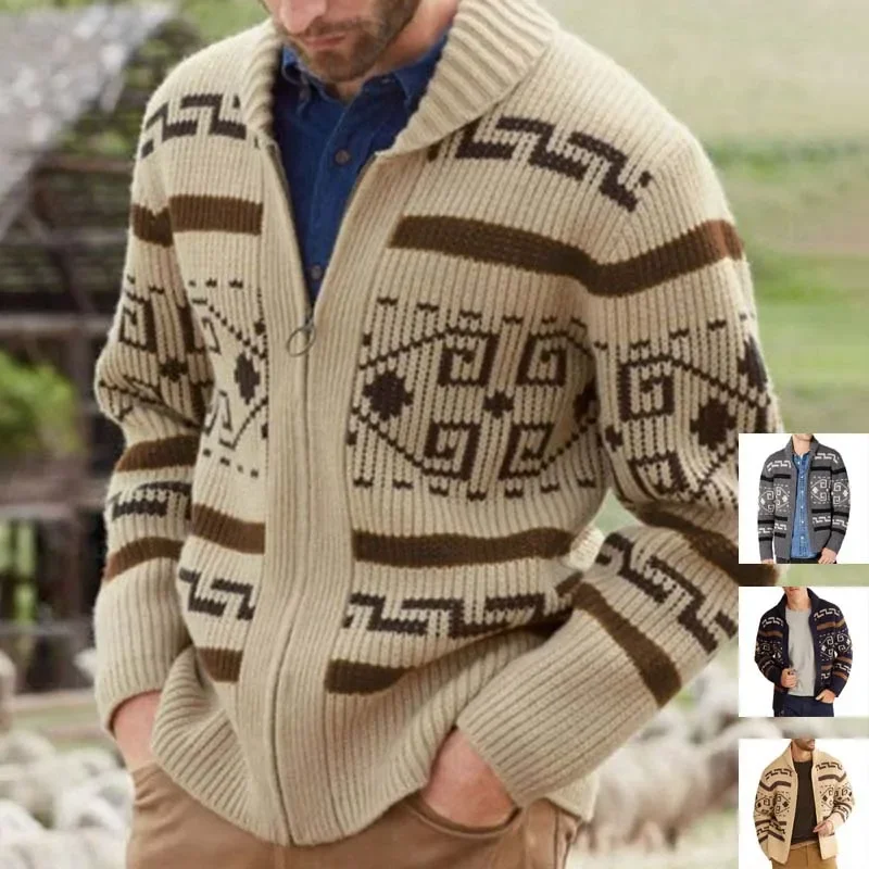 

Men's Lapel Cardigan with Printed Decor, Hand Knitting Wool Coat, Soft Stretchy Loose, Various Size, Male Sweater