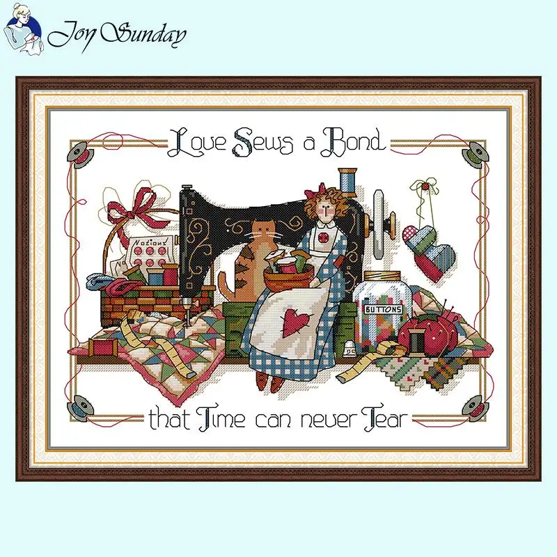 Cross Stitch Kit Sewing Machine and Doll DIY Cartoon Pattern 14CT 16CT 11CT White Printed Fabric DMC Thread Embroidery