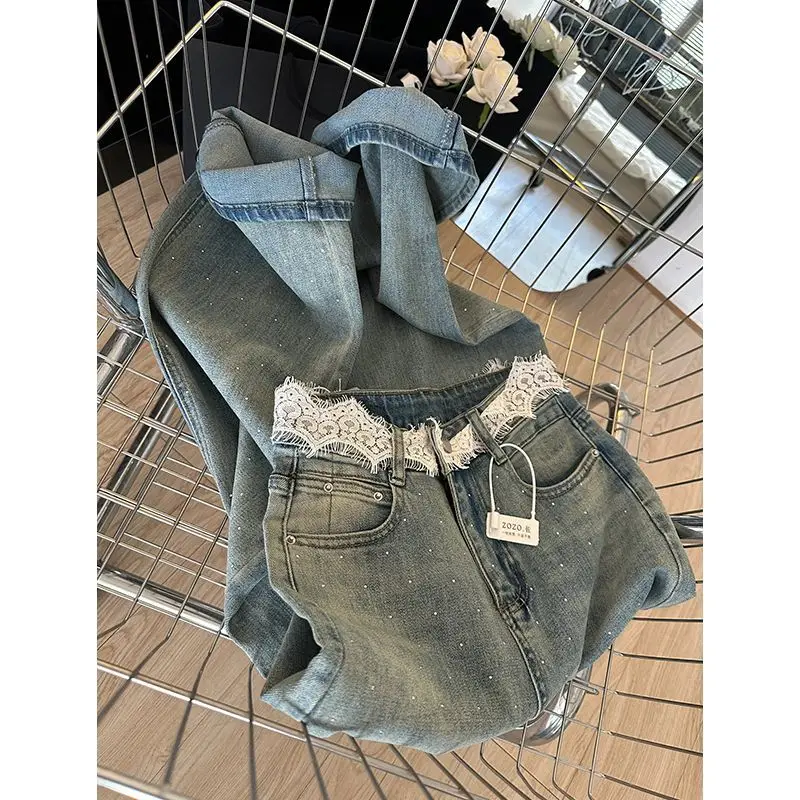 여성용 레이스 웨이스트 스몰 라인스톤 디자인 청바지, 하이웨이스트 스트레이트, 루즈핏 와이드 레그 팬츠, 2024 여름 신상