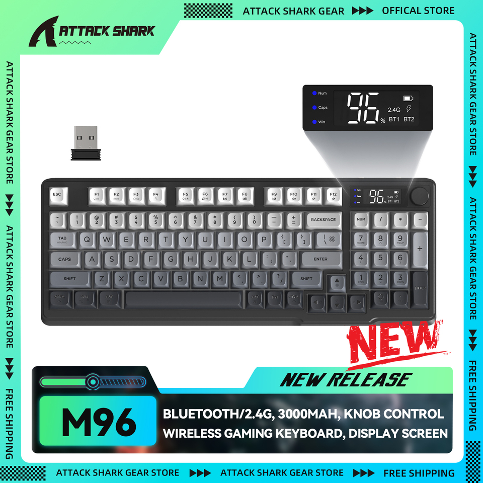 ATTACK SHARK x ZIYOU LANG M96 Wireless RGB Gaming keyboard, Knob, Bluetooth/2.4G, Mechanical Feeling, Display Screen, 3000mAh