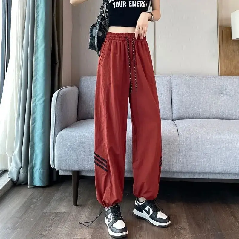 Fashion Versatile Woman Clothing Harajuku Quick Dry Stripes Pants High Waist Ice Silk Spring Summer New Sports Straight Trousers