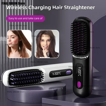 Elettrico LCD USB Riscaldamento in ceramica Pettine per capelli lisci Strumento per lo styling portatile senza fili agli ioni negativi Spazzola per lisciare ricaricabile 1