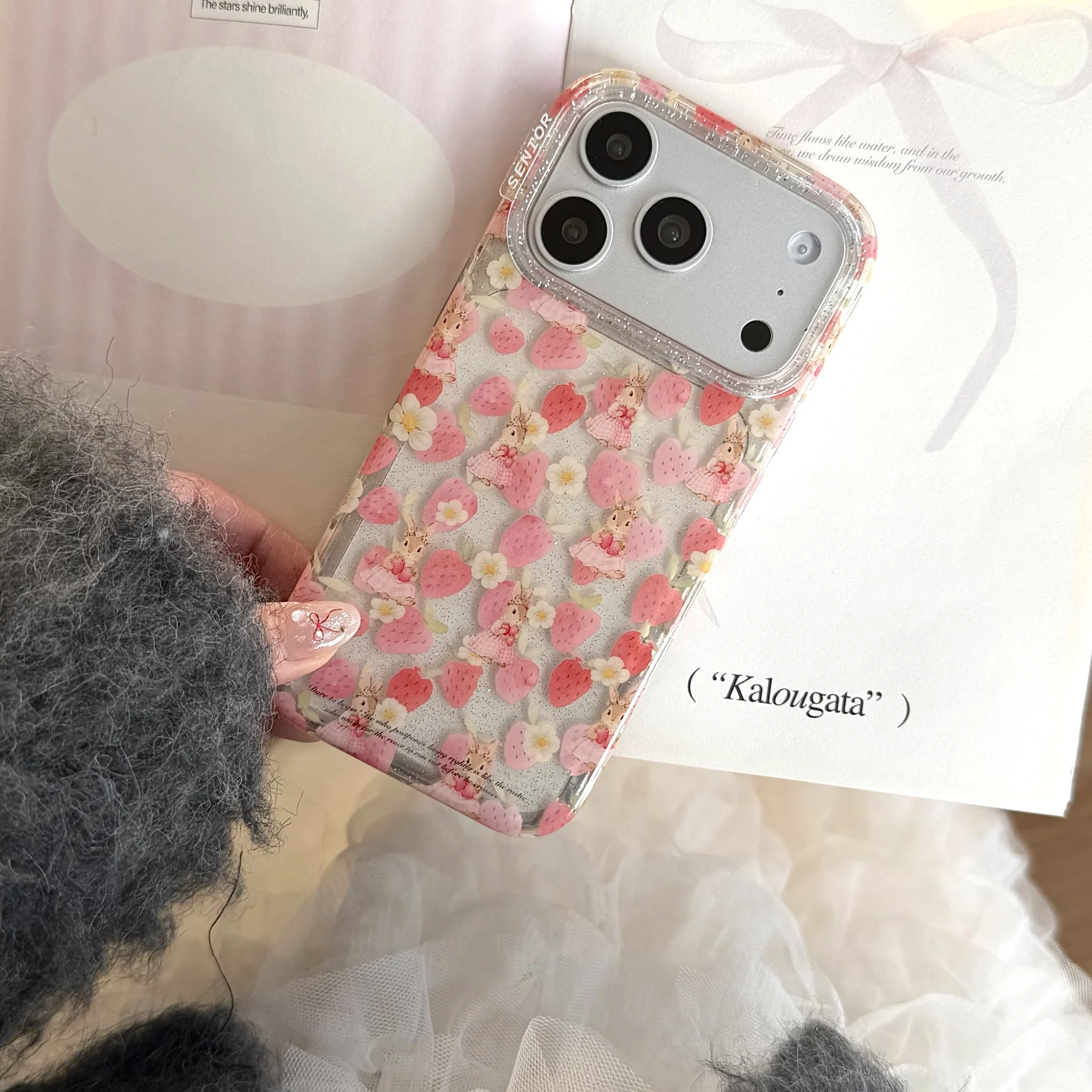 Charming Beaded Lanyard with Strawberry & Bunny Design - Sweet Clear Phone Case Back Cover