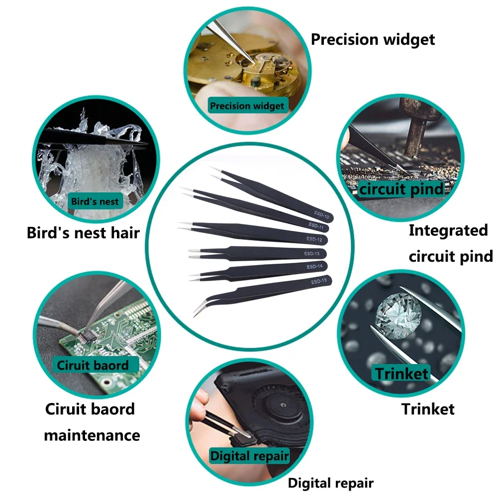 Precision Tweezers 2/6pcs Precision Tweezers Set ESD Anti-Static Stainless Steel Tweezers Repair Tools for Electronics Repair Soldering Craft Tools,precision tweezers,esd anti static tweezers,soldering tweezers