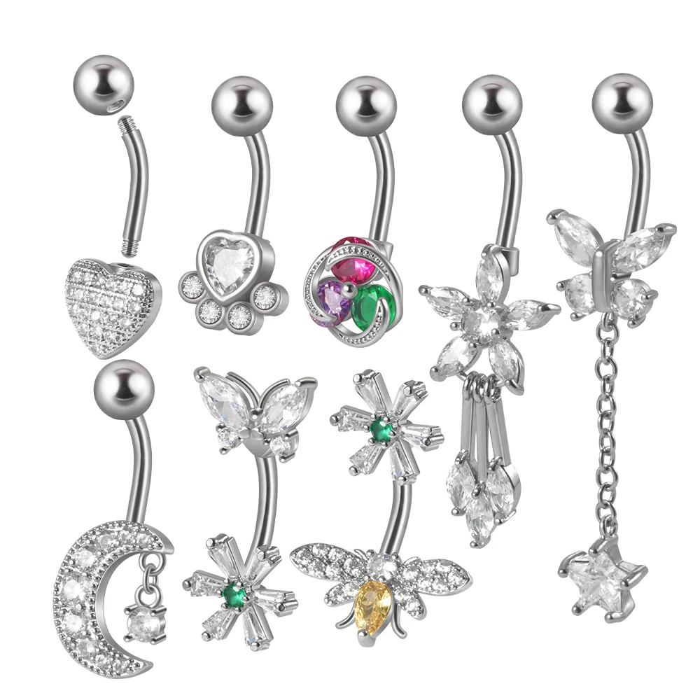 1 Pz Piercing All'Ombelico Curvo Bilanciere Fiore Bea Cuore Luna Cz Ombelico Anelli Orecchini Oreja Gioielli Corpo Per Uomo Donna