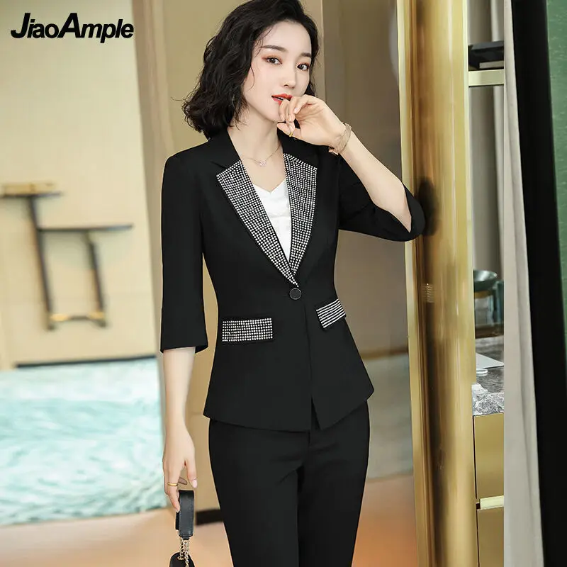 

Women's Summer Business Wear 2024 New Fashion Five-point Sleeve Blazer Pants Two-Piece Female Korean Elegant Suit Trousers Set