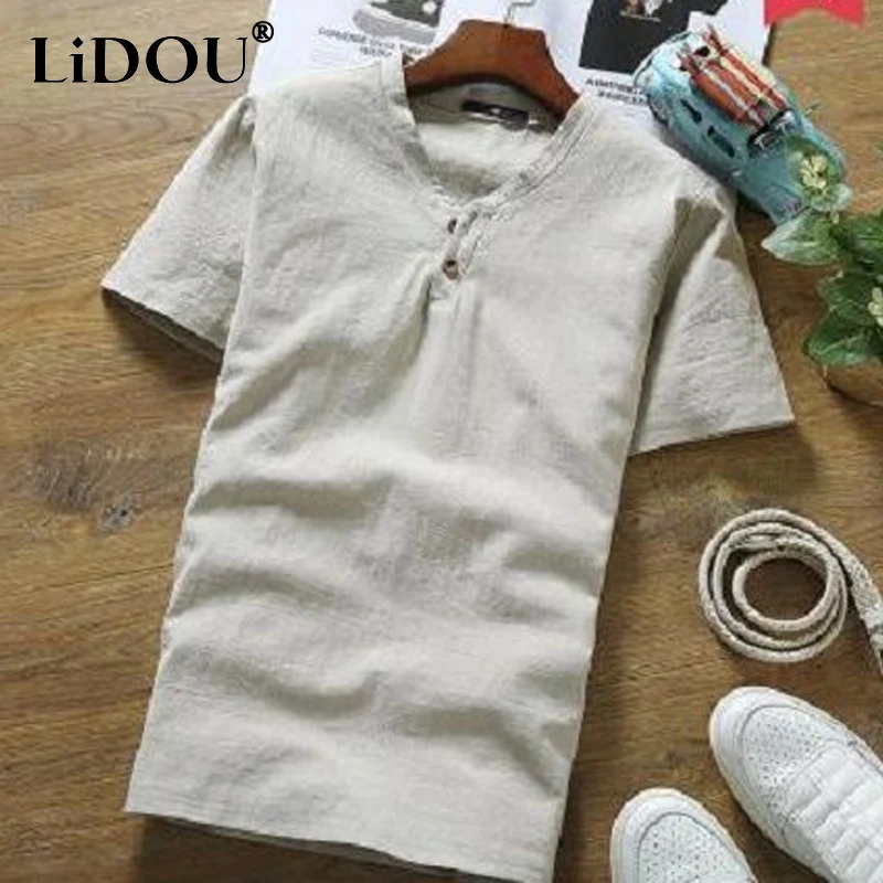 

2023 Summer New Chinese Style Cotton Hemp Vintage Comfortable T-Shirts Man V-neck Short Sleeve Solid Color Button Pullovers