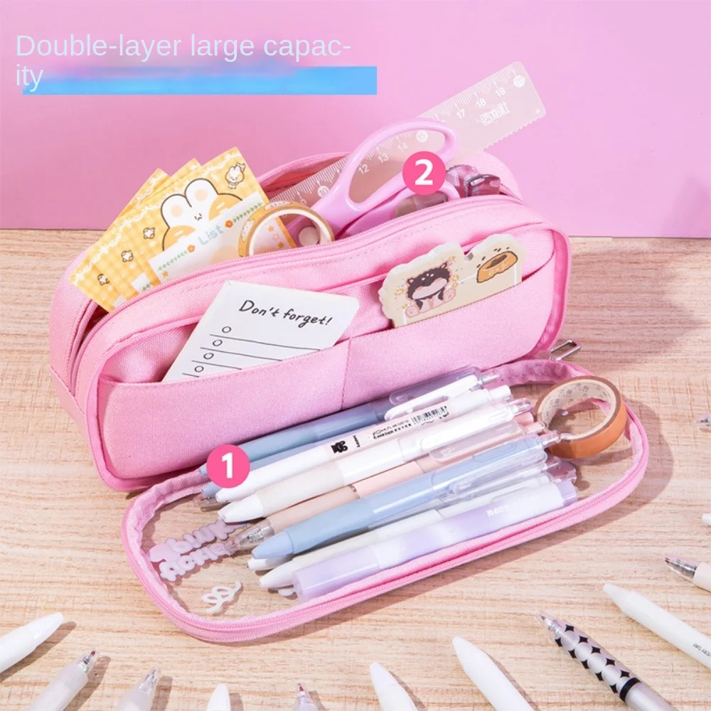 MINISO Disney Stitch Pen Bag Double Transparent Stationery Box Cartoon Large Capacity Pencil Storage Bag Student gift pencil cases