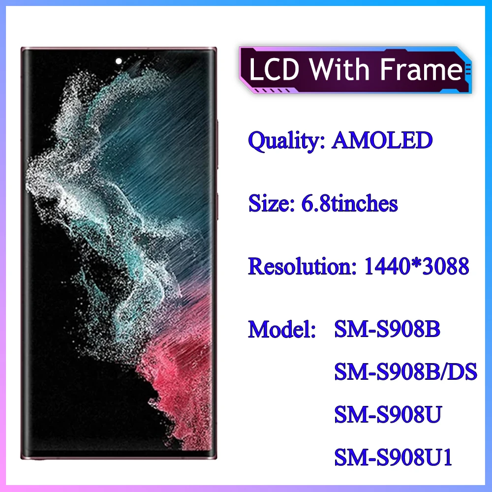 OLED voor S22 Ultra, LED LCD-scherm Touchscreen Digitizer Vergadering S22ultra 5G SM S908B, LCD-schermvervanging met Frame, EU Internationale Versie (BLACK