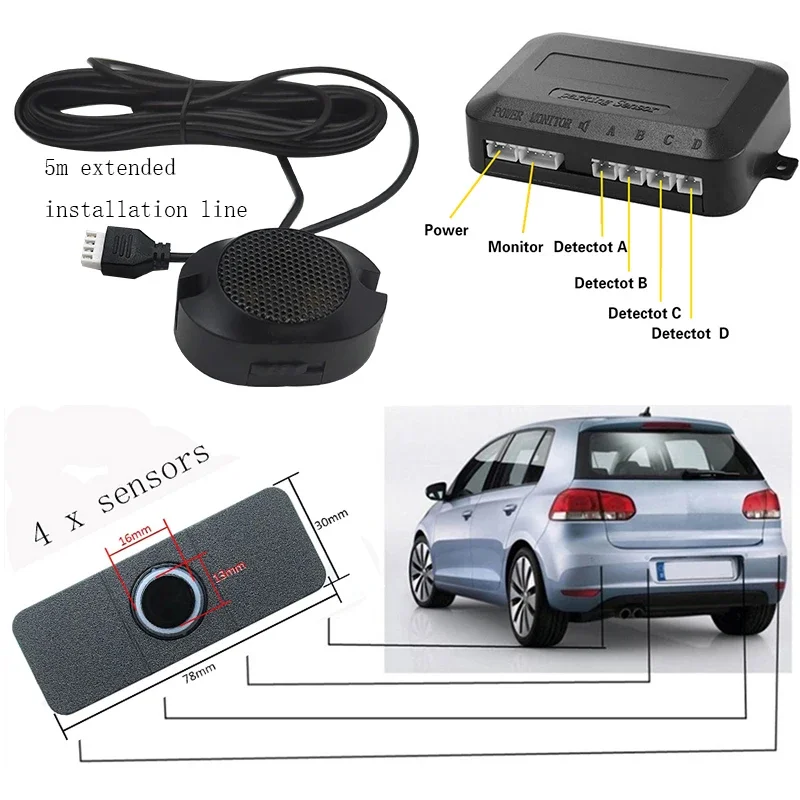 Car Parking Sensor Assistant Park tronics 4 Black/Silver/White/Blue/Red 13mm Flat Sensors Reverse Radar Sound Buzzer Alarm Sound