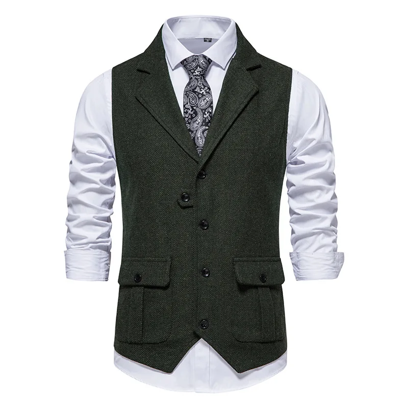 

Vintage Wool Blend Notch Lapel Suit Vest Men 2024 Brand Herringbone Tweed Sleeveless Waistcoat Men Business Wedding Prom Vests