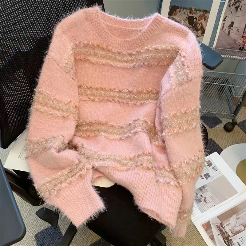 

Вязаный утепленный свитер из искусственной норки в полоску для женщин, пуловер, топы, Осень-зима, модный свободный шикарный Дамский джемпер с длинным рукавом и круглым вырезом