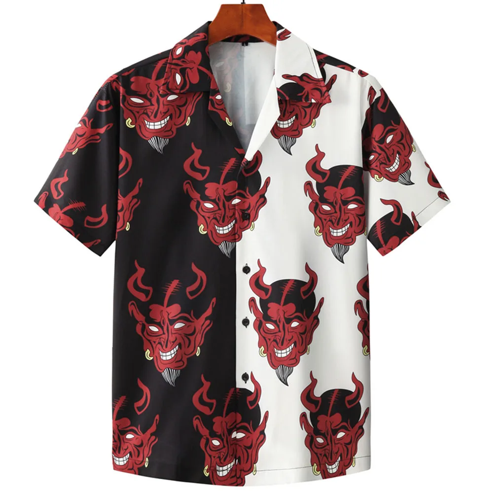 

Summer New Devil 3D Printed Hawaiian Short sleeved Shirt Cuban Collar Men's Beach Vacation Shirt