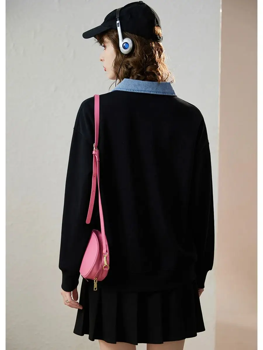 LOUIS YAO Women's Sweater 2023 Winter Plush and Thickened Sweater Spliced Denim Lapel Half Zipper Letter Printed Women's Top